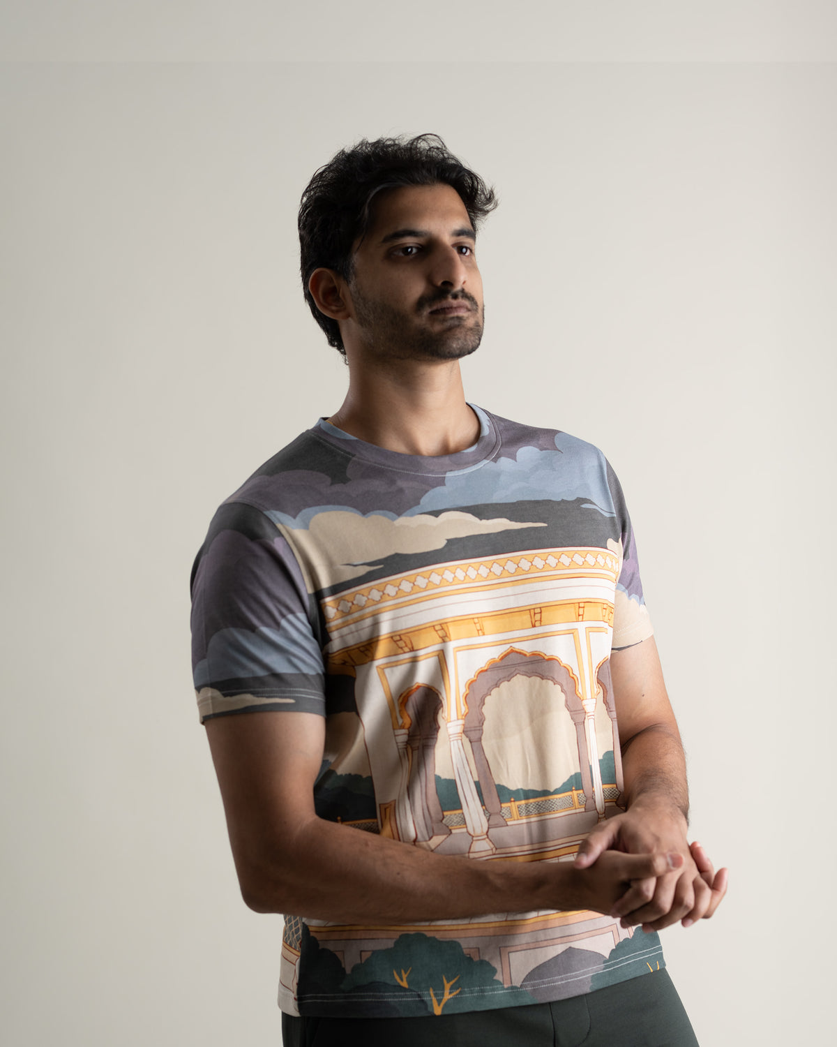 The Megh Malhar T Shirt by RUENCE with the monsoon print, front view.
