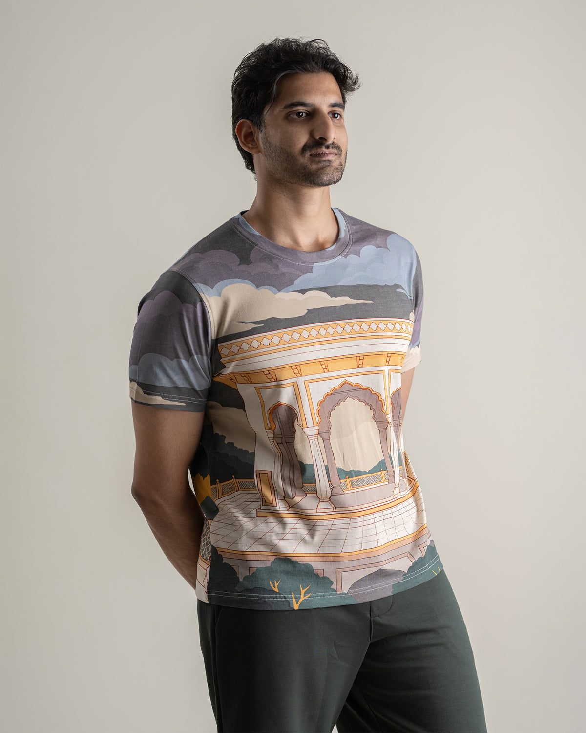 Side view of the Megh Malhar T Shirt showing the mahal view.