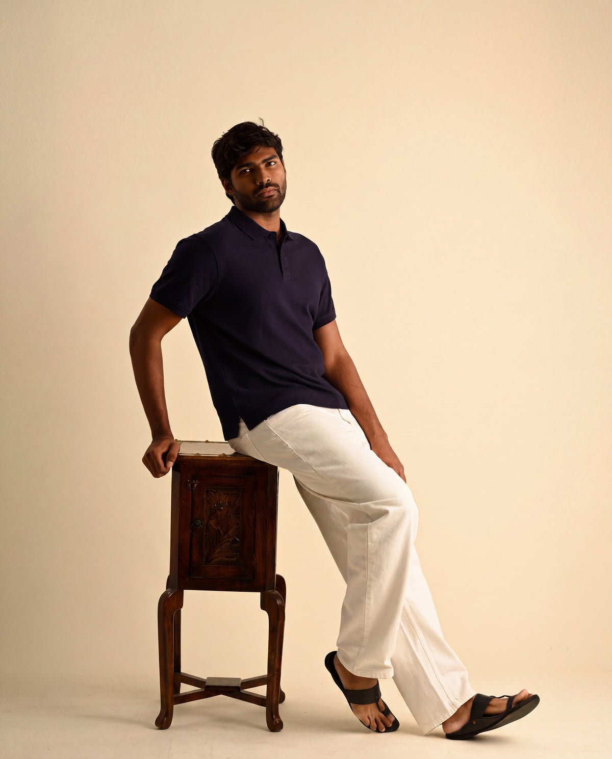 The Moiré Polo by RUENCE in Evening Blue, worn front view.