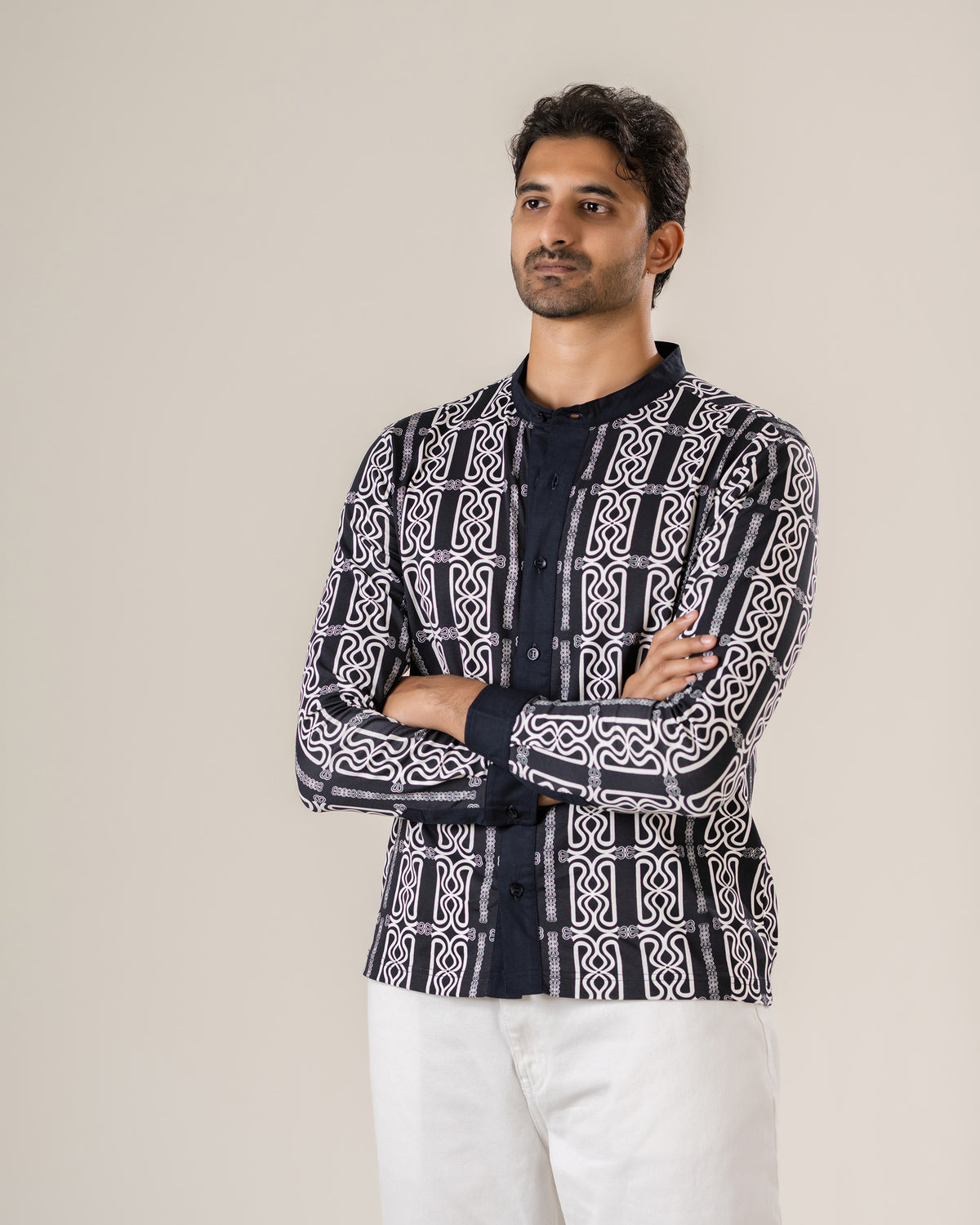 Side view of the Mousson Shirt showing the mandarin collar.