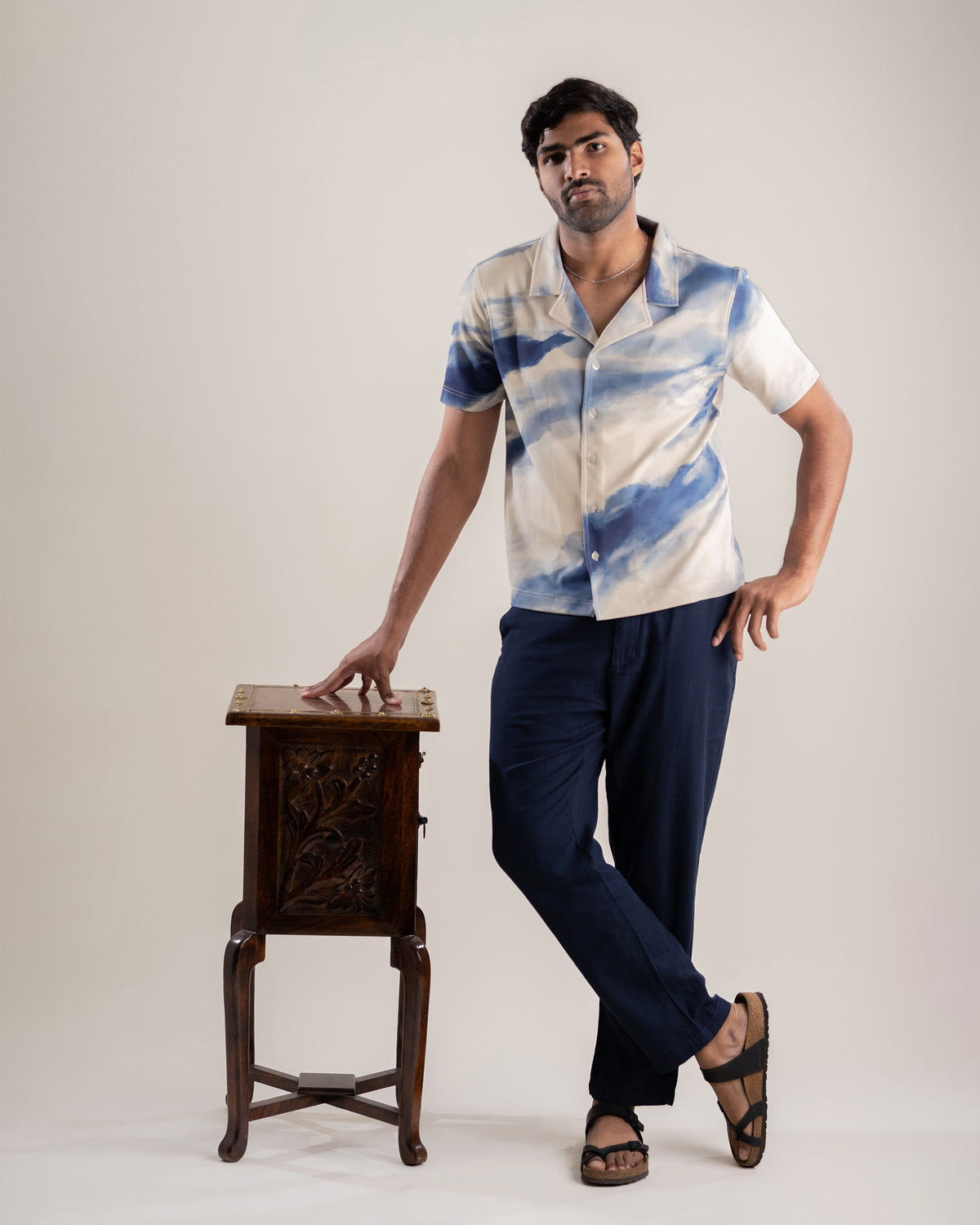 Full length view of the Riviera Shirt worn with trousers.