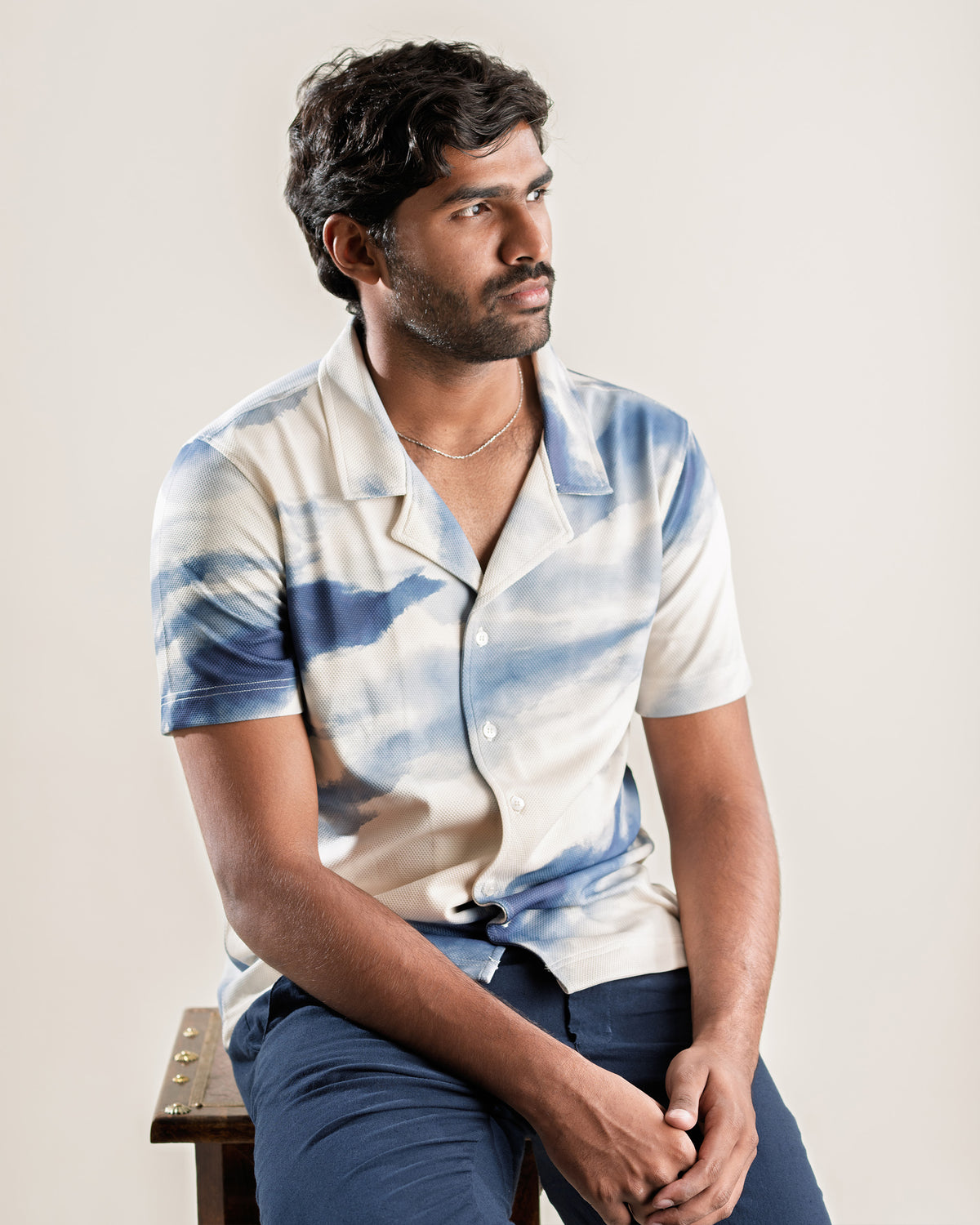 Side view of the Riviera Shirt showing the camp collar.